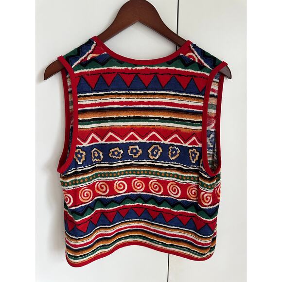 Vintage 80s Linen Graphic Print Vest Size Small Red Blue Green Artsy India Vibe - Picture 7 of 7